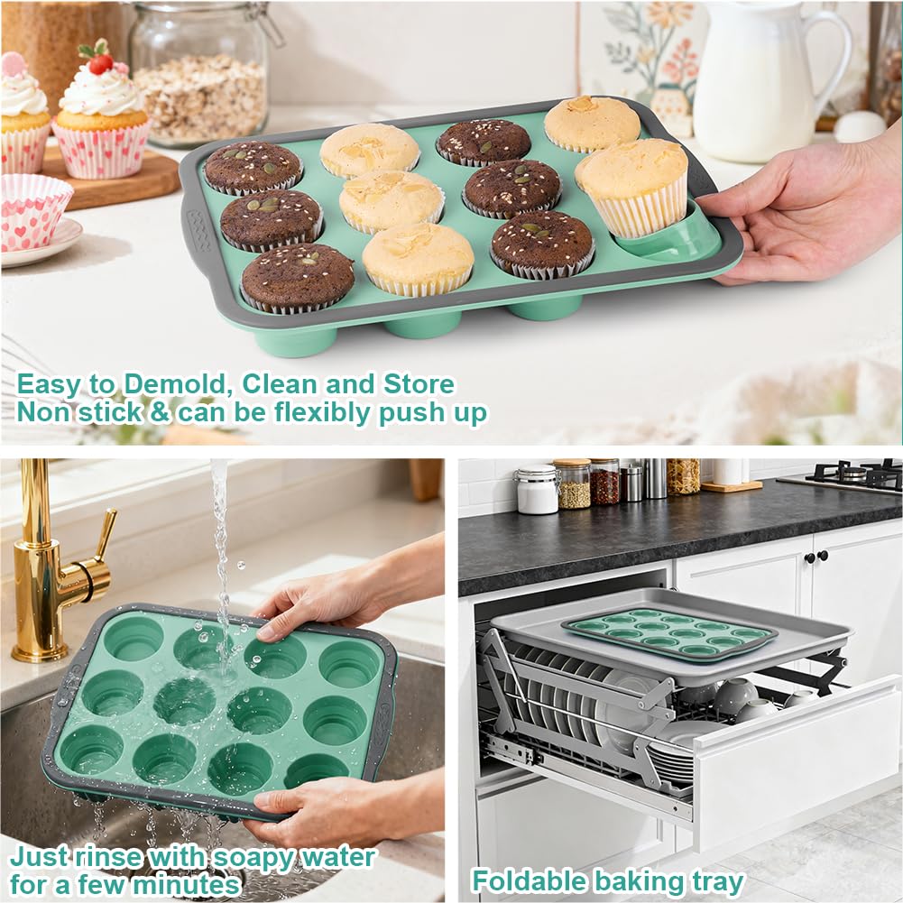 BSBUY Silicone Round Cake Mold, Silicon Muffin Tray 12 Cups, 31x 22.2x 3cm Blue - Image 6